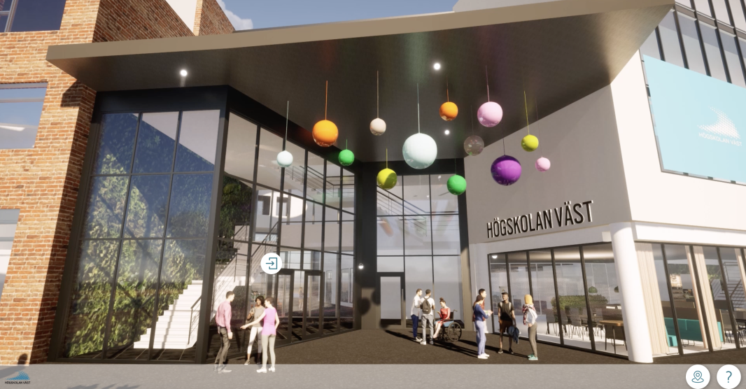 3D rendering of the entrance to University West, featuring large glass facades, colorful hanging spheres from the ceiling, and students outside the building