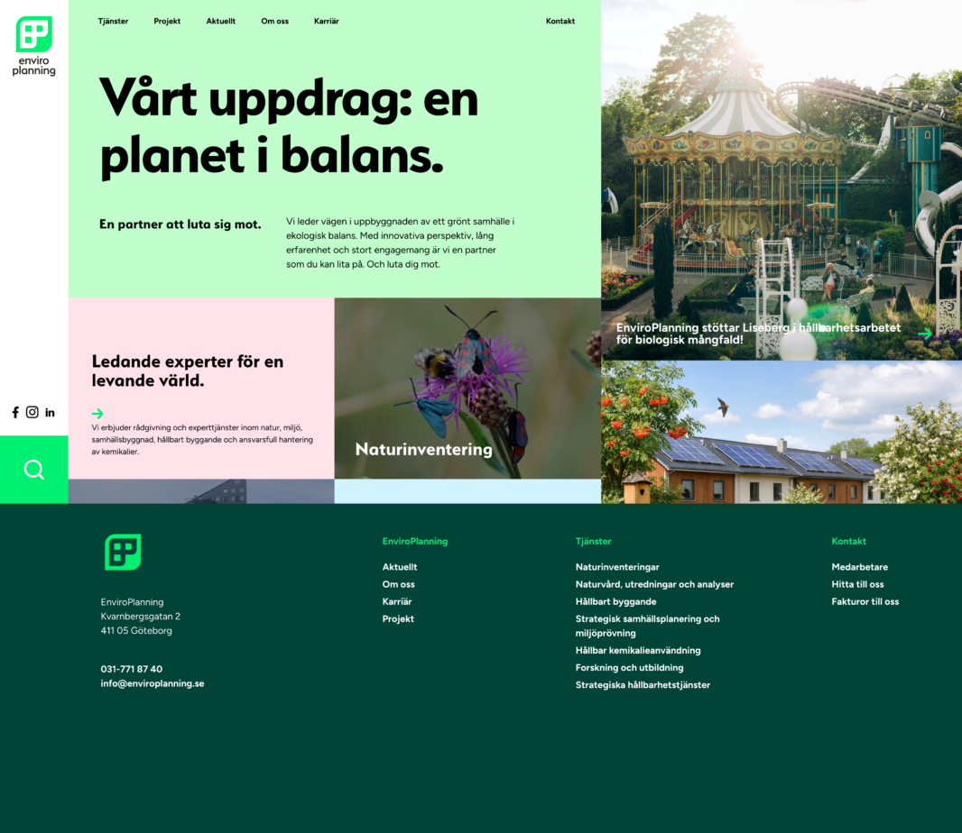 Screenshot of the homepage of EnviroPlanning’s website with the headline “Our Mission: A Planet in Balance.” Shows a grid of images featuring a carousel at Liseberg, butterflies, and houses with solar panels, as well as a dark green sidebar with contact information in Gothenburg. 