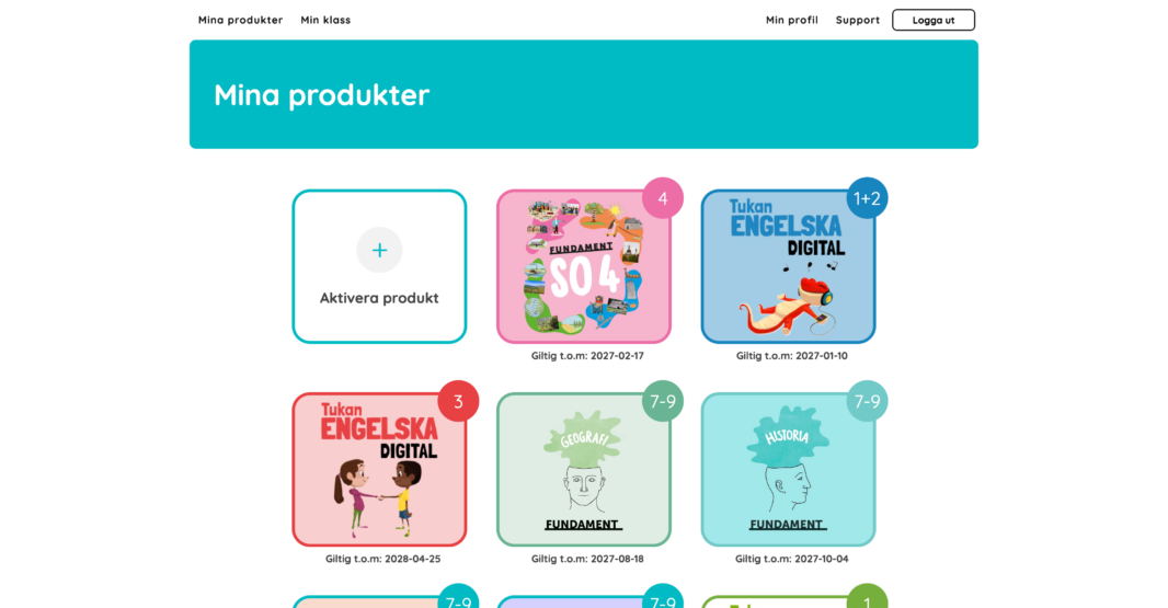 Screenshot of the "My Products" user interface in Tukan Digital's learning platform for digital educational resources and school materials.