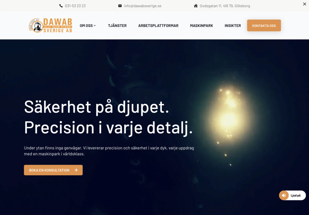 Home page for the Dawab Sverige AB website, offering professional diving and underwater construction services in Gothenburg. Displays the headline "Safety at depth. Precision in every detail." and a navigation menu for services and equipment. 