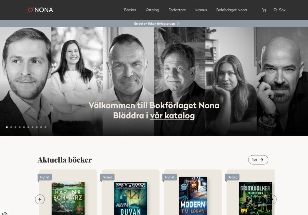 Screenshot of the homepage for Bokförlaget Nona, part of the Tukan Publishing Group. The image shows a collage of author portraits and a section featuring "Current Books" and news. 