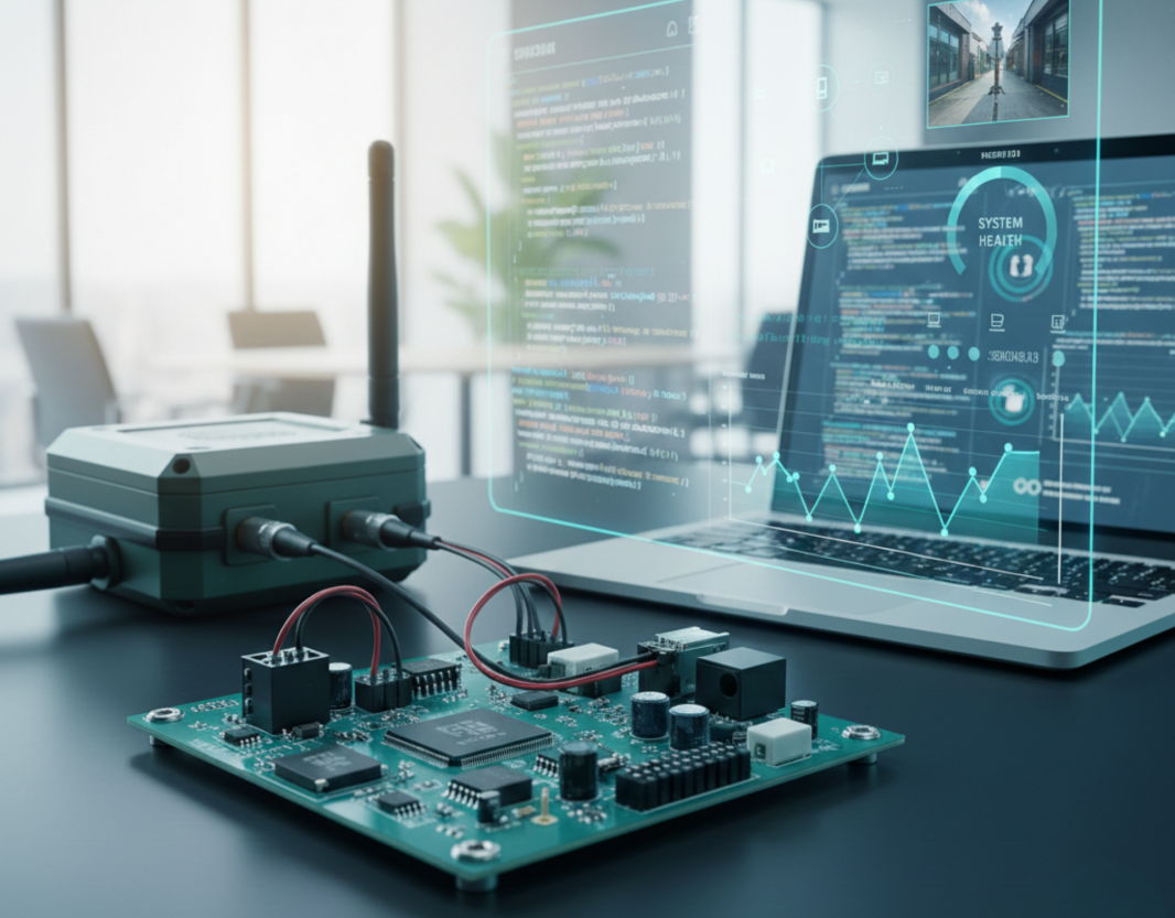 Electronic hardware and a circuit board with an antenna connected to a computer whose screen displays a digital interface for IoT solutions.