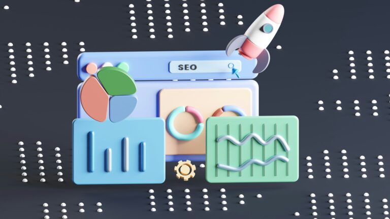 Illustration of an SEO dashboard with charts and a rocket